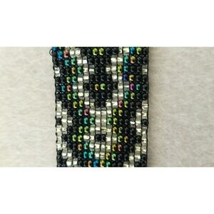 Geometric Seed Bead Bracelet Black Silver Iridescent Woven Cuff 7in 11g